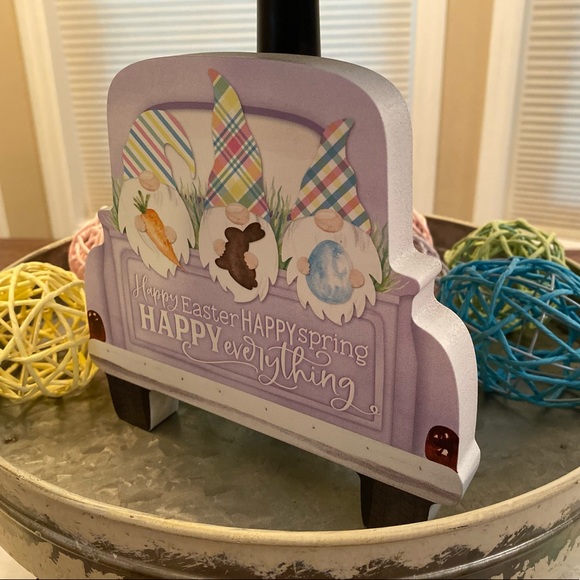 Easter Gnomes In A Purple Vintage Farmhouse Truck Happy Easter Wood Sign - Picture 3 of 15